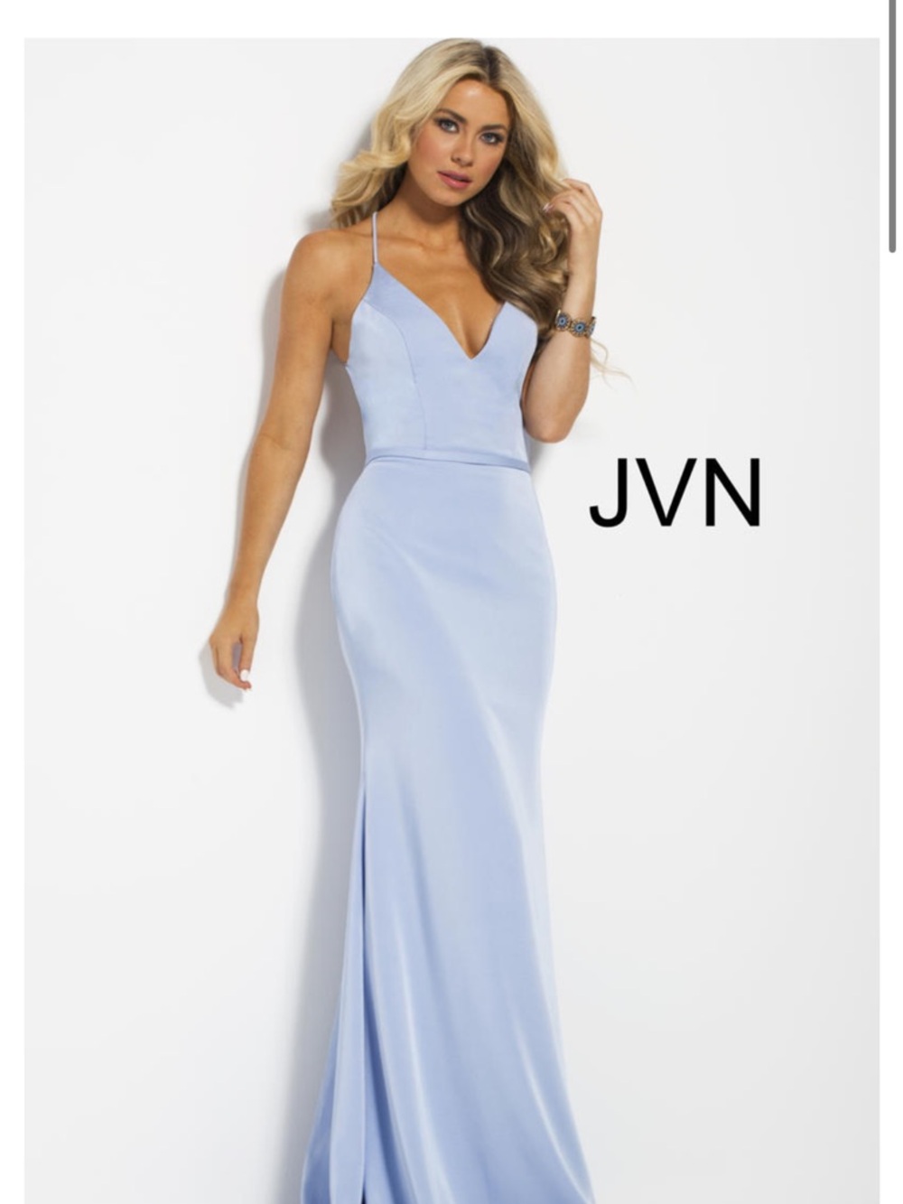 Light Blue Plunging Neck Open Back Fitted maxi Dress JVN55642
